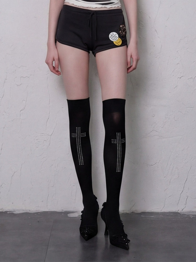Black Gothic Over-The-Knee Stockings with Cross Pattern - Bokior