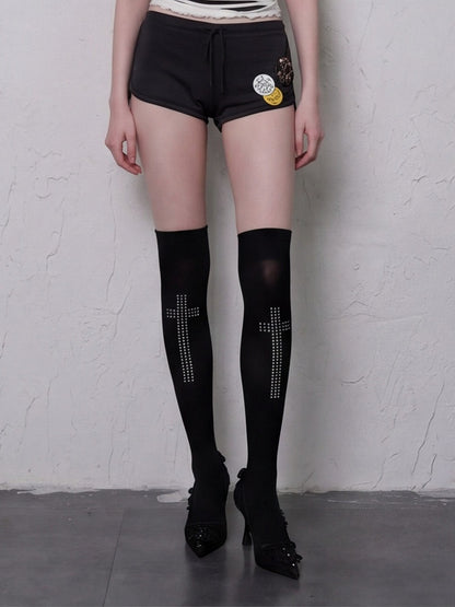 Black Gothic Over-The-Knee Stockings with Cross Pattern - Bokior