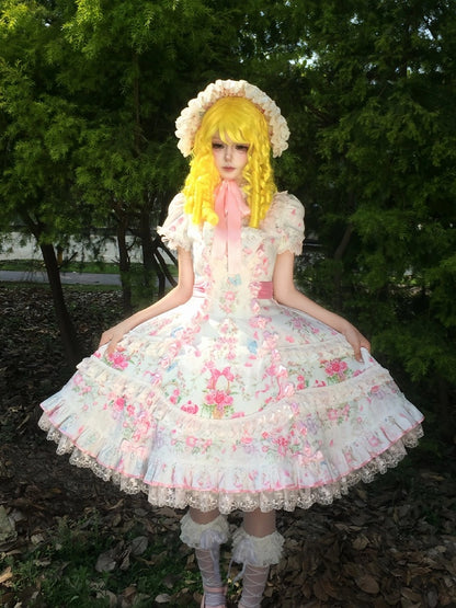 Sweet Floral Old-School OP Dress with Puff Sleeves & Tiered Skirt - Cat Magician