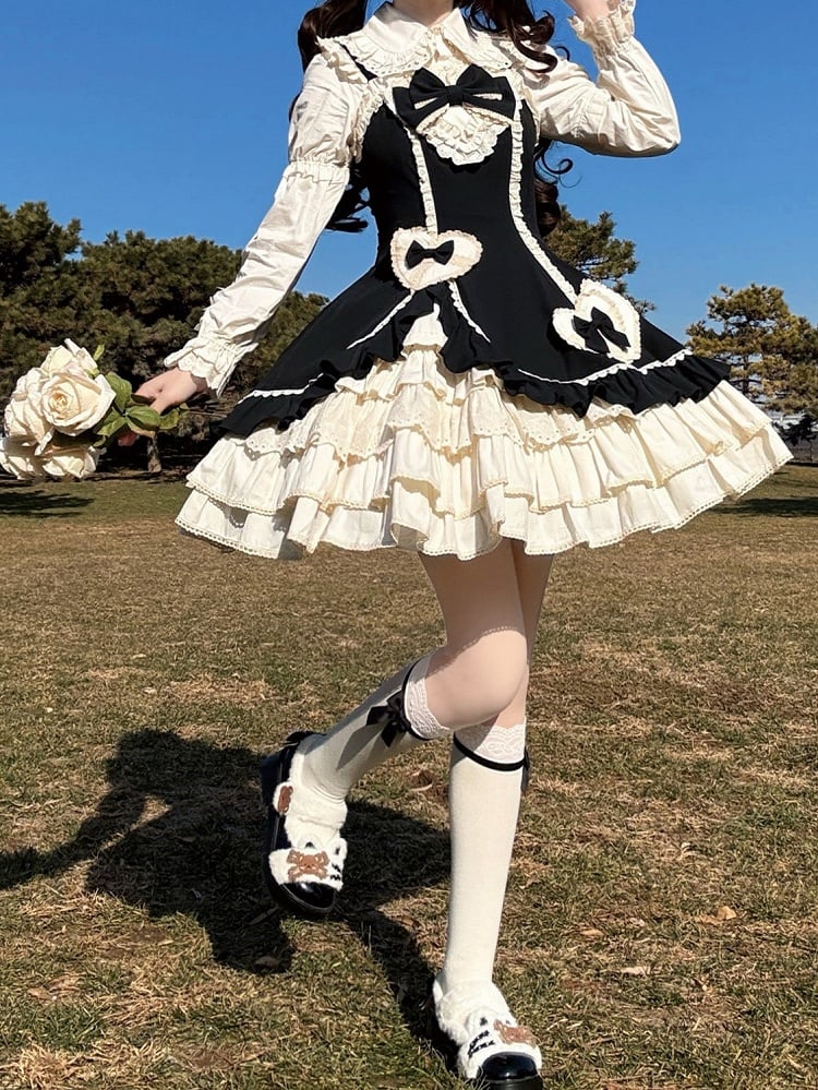 Beige Lace JSK Embellished Heart Sweet and Dress Black Ruffles with Bow Lolita Patch