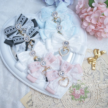 Heart Rhinestone Jirai Kei Lace Bow Hairclips Blue/BlackWhite/White Pink/Light Dusty