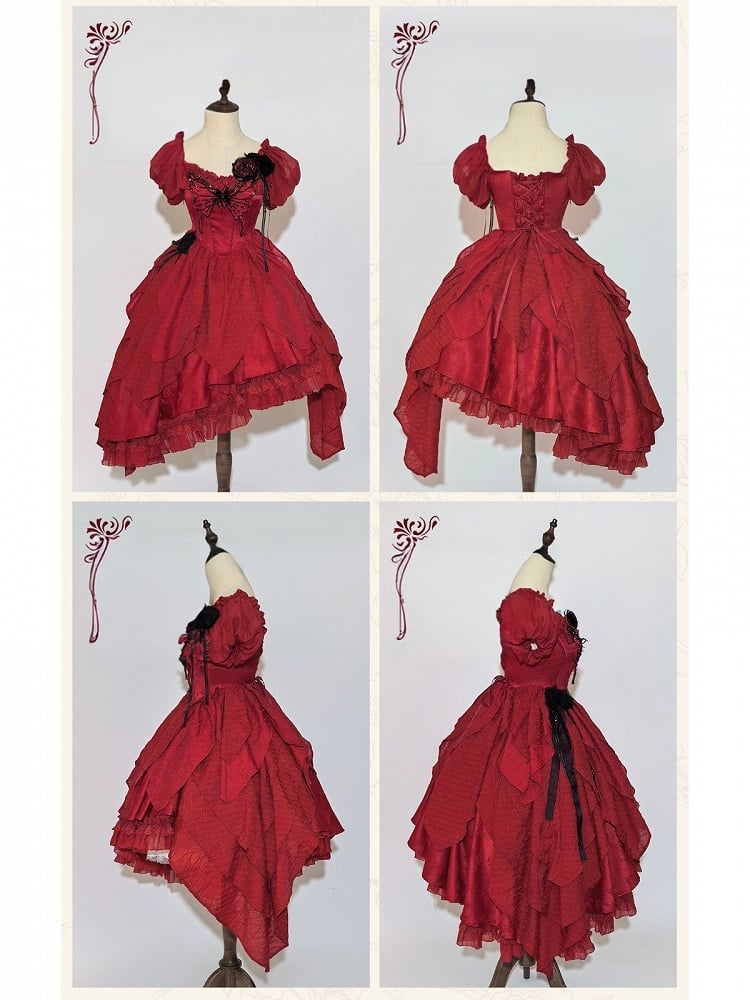 Red Butterfly Rhinestone Detail Puff Sleeve Lolita Top and Asymmetrical Hem Skirt Set - Sweet Wood Lolita