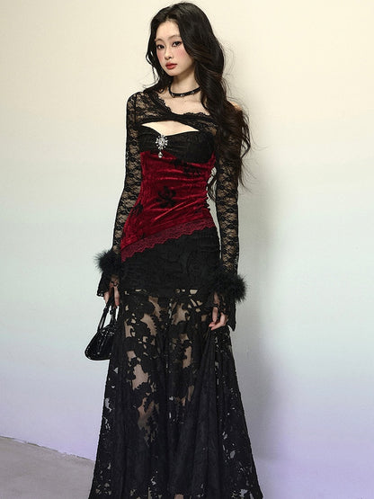 Black Asymmetrical Neckline Red Velvet Patchwork Semi-sheer Mermaid Skirt Dress Evening Gown