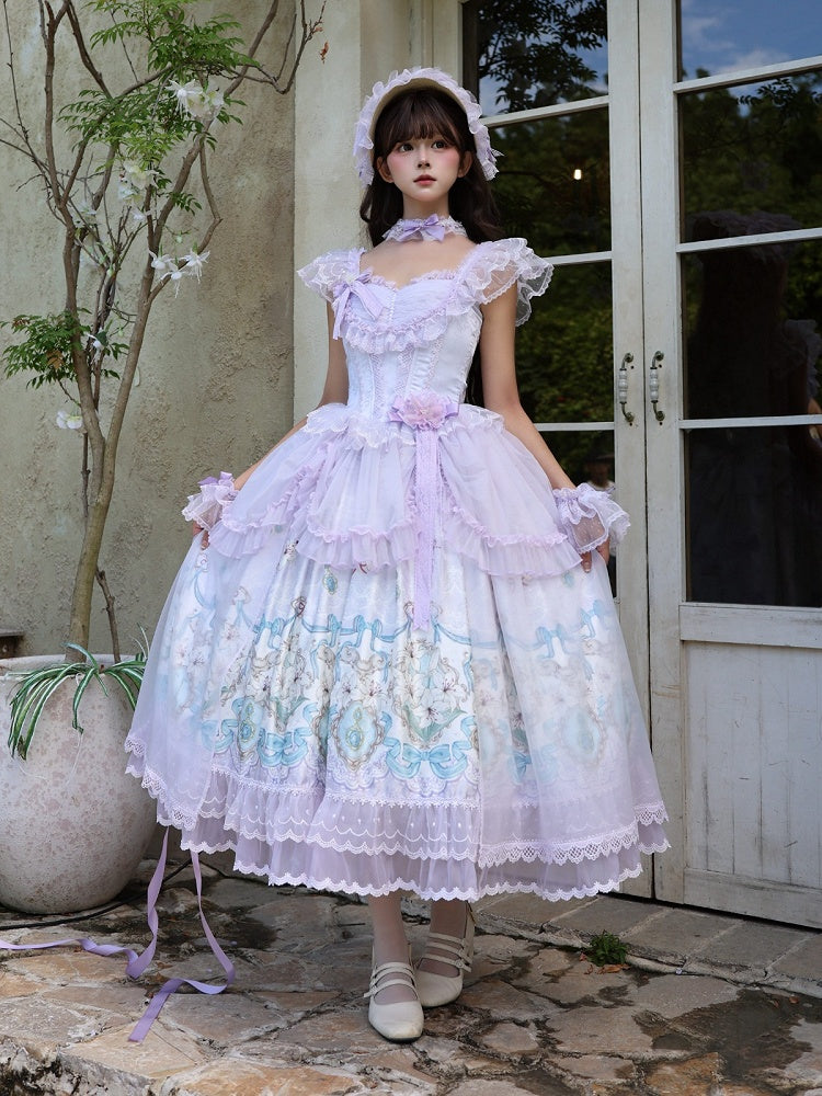 Purple Lily Print Lolita JSK Gown with Tulle Overlay and Back Bow Set - White Sugar Girl