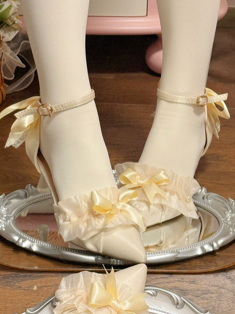 Beige Sweet Pointed Toe Heels with Bow Accents - A Sky Rabbit