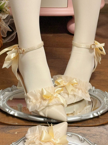 Beige Sweet Pointed Toe Heels with Bow Accents - A Sky Rabbit