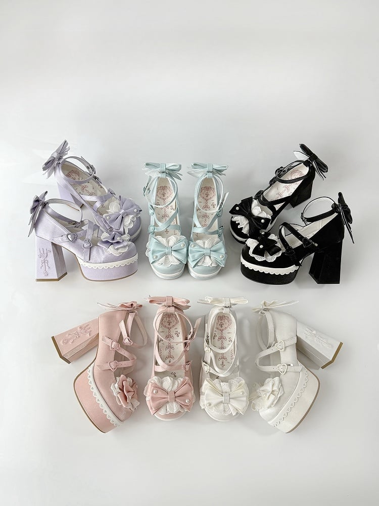 Blue Buckle Fork Embroidery Straps Heels Lace High Lolita Platform Block Bowknot