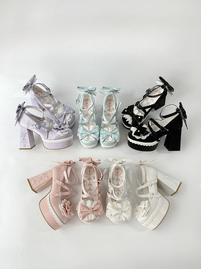 Platform Lace Straps Block Fork Buckle Heels Purple Bowknot Lolita Embroidery High