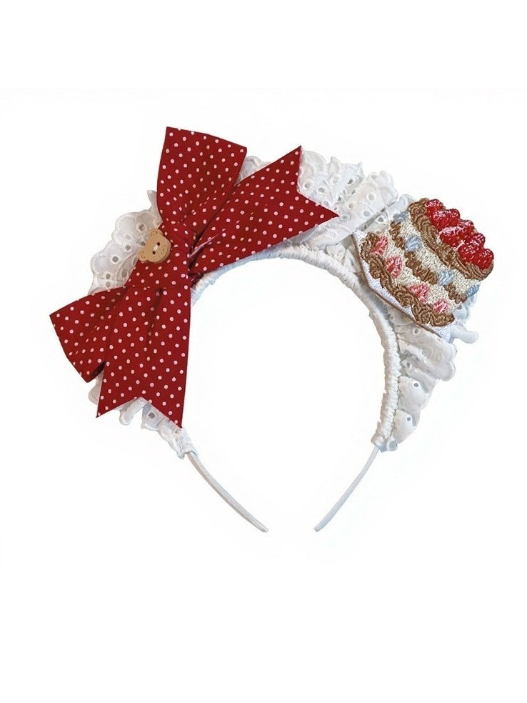 Wine Red/Pink Lace Bow KC with Cake Embroidery - Honey Village