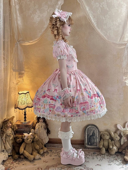 Pink Puff Sleeve Halter Lolita OP Full Set with Dessert and Bird Print, Hairband, Baby Hat, Wrist Cuffs and Bow Hair Clip - Good Night Meow
