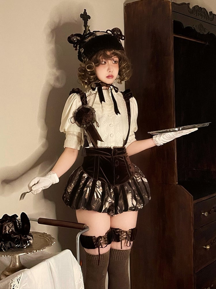 Shoulder Ruffled Gothic Straps with Brown Lolita Printed Bloomers