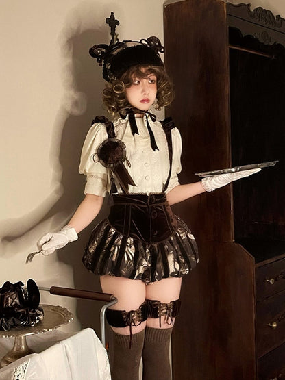 Shoulder Ruffled Gothic Straps with Brown Lolita Printed Bloomers