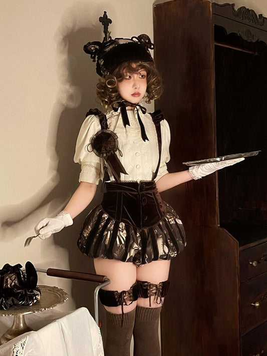 Shoulder Ruffled Gothic Straps with Brown Lolita Printed Bloomers