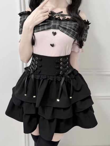 Black & Pink Plaid Lace Off-Shoulder Knit Top - nekura