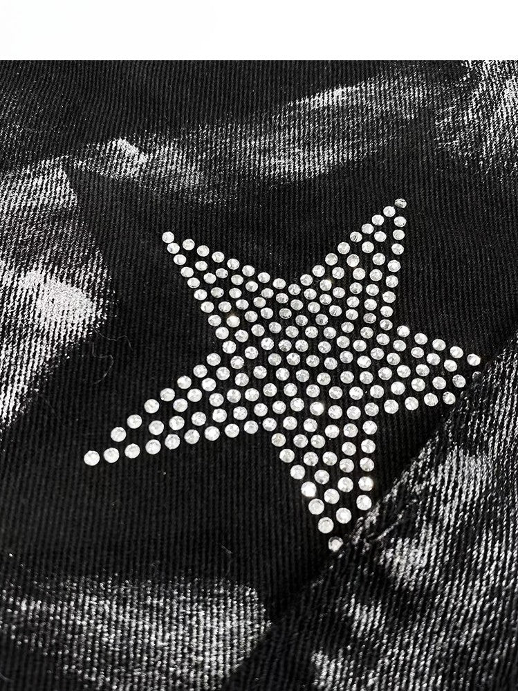 Star Cross Applique Skirt With Glamorous Black Y2K Rhinestone Leg Warmers