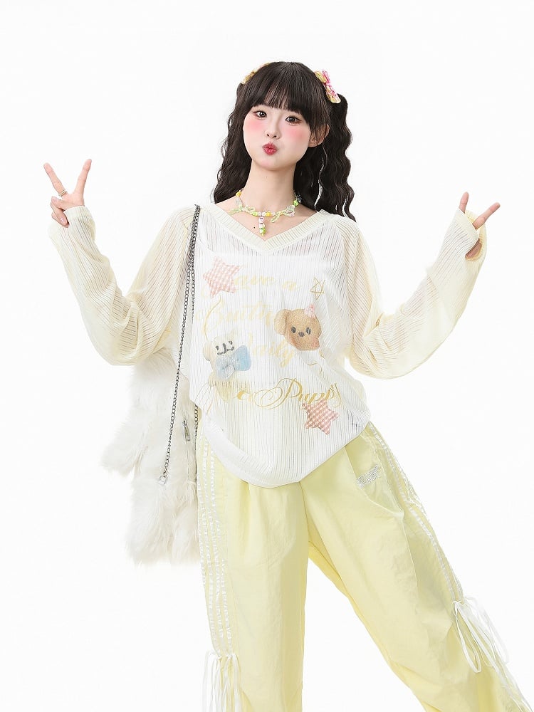 Apricot/Pink/Green Kawaii V-Neck Knit Top with Puppy Print - Long Sleeve Pullover