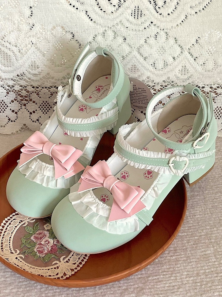 Round-toe Green and Pink Sweet Lolita Mary Janes with 4.5cm Heel & Ruffle Trim
