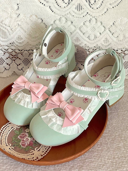 Round-toe Green and Pink Sweet Lolita Mary Janes with 4.5cm Heel & Ruffle Trim
