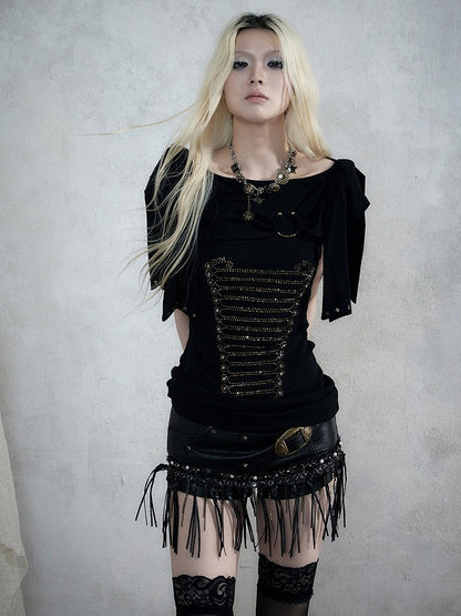Black Knit Short-Sleeve Top with Rhinestone Design - NO ROMANCE