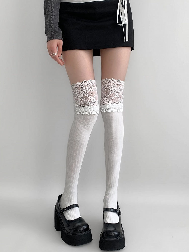Spitzenstrümpfe mit Overknee-Besatz in Grau/Beige/Hellgrau/Weiß/Schwarz/Dunkel