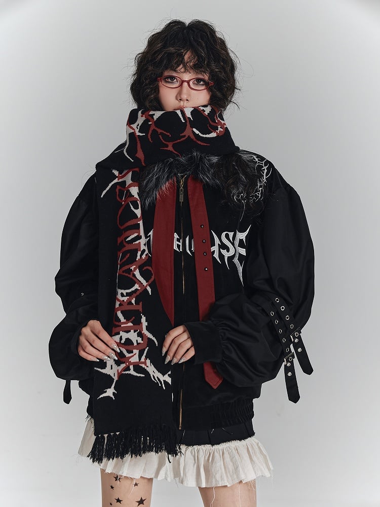 Print Skeleton with Black Scarf Red Punk Text