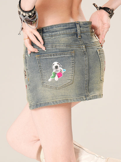 Jeansrock Bodycon Mini Adorable Puppy Print Blau