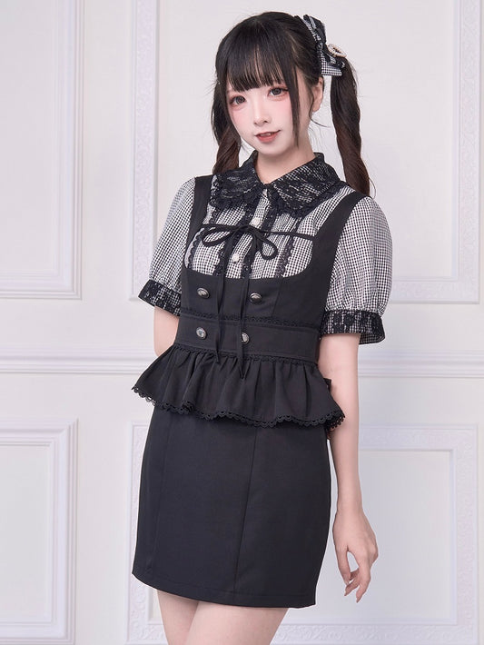 Short Sleeves Blouse with Bowknot Brooch Jirai Kei Plaid Black Lace Trim