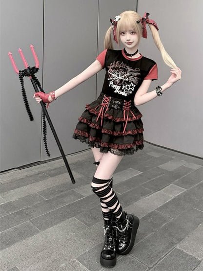 Black & Red Plaid Tiered Skirt with Lace Trim - Puppet Bombs