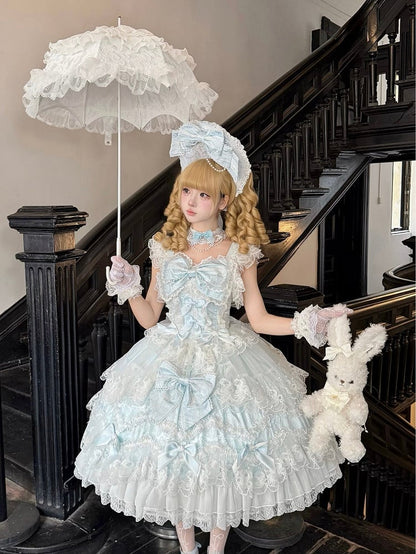 Hanayome-Style Lace + Trim Lolita Bow / Blue Set Back Full Dress JSK Decor Multi-Layer With