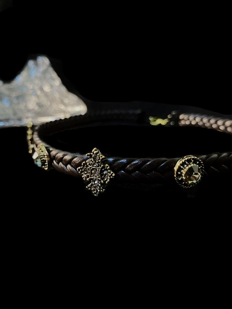 Dark Brown Gothic Leather Choker with Rhinestone Cross - Insomnia Artist