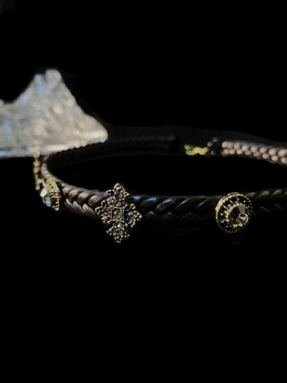 Dark Brown Gothic Leather Choker with Rhinestone Cross - Insomnia Artist
