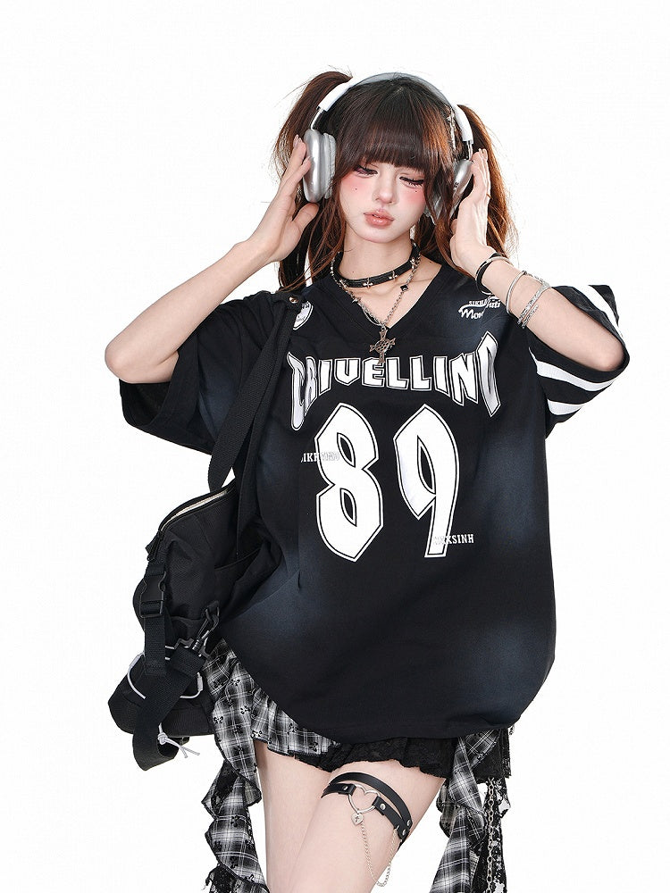 Black V-neck Number Print Loose T-shirt