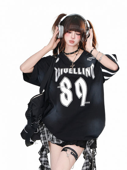 Black V-neck Number Print Loose T-shirt