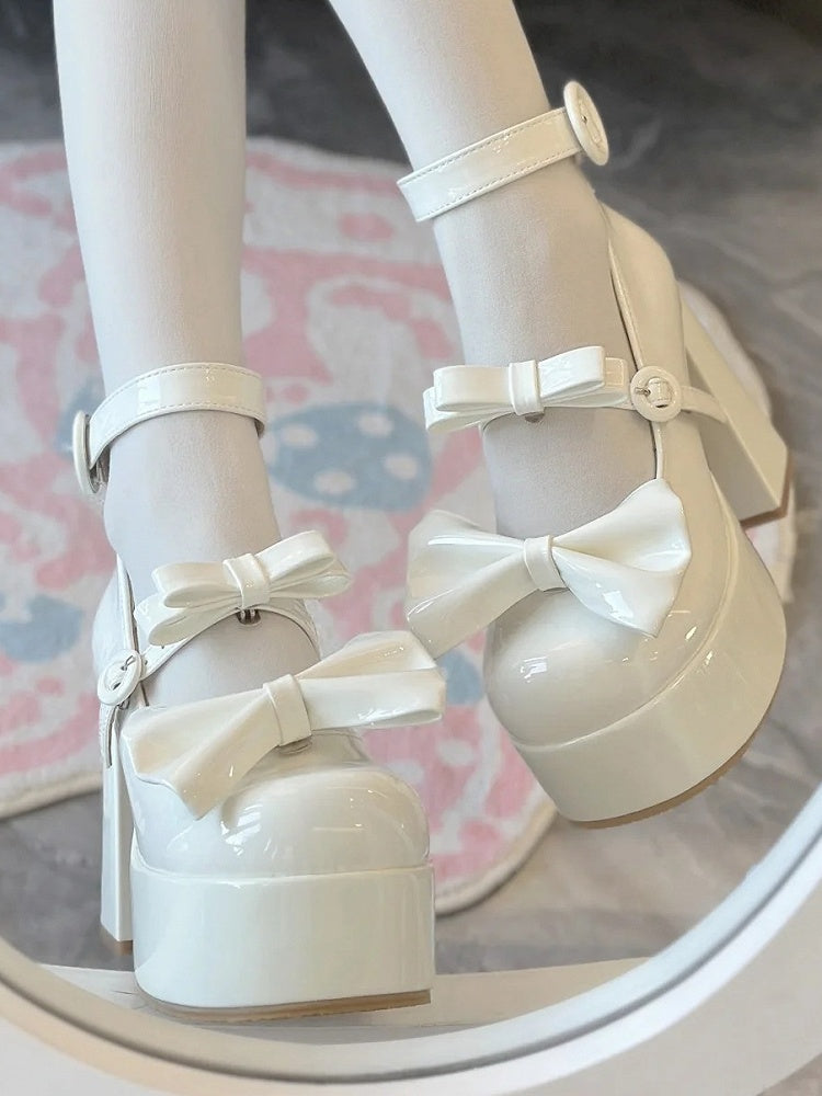 High Detachable Heel Elegant Mary with Lolita Bow - Buckle Circle White Janes Polished for Block