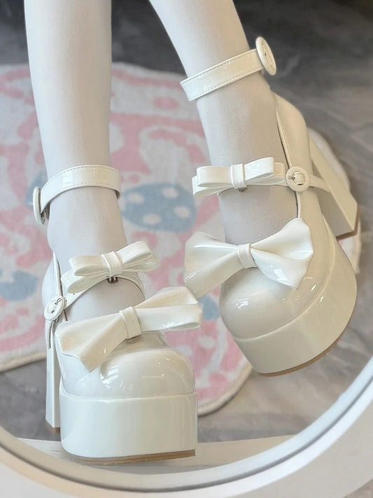 High Detachable Heel Elegant Mary with Lolita Bow - Buckle Circle White Janes Polished for Block