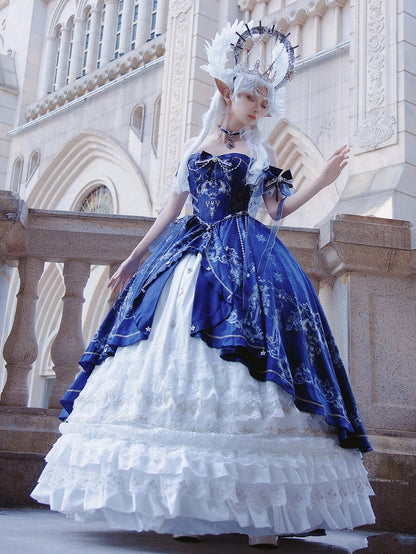 Dark Blue and White Boned Corset Bodice Gorgeous Printed Train Lolita Dress Full Set