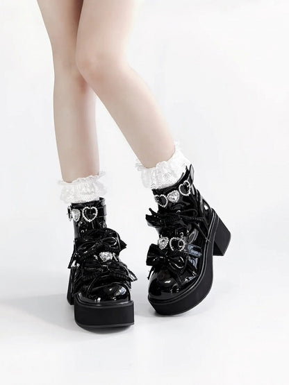 Platform Ankle Boots Buckles Jirai Kei Polished and Black Rhinestons Sweetheart with