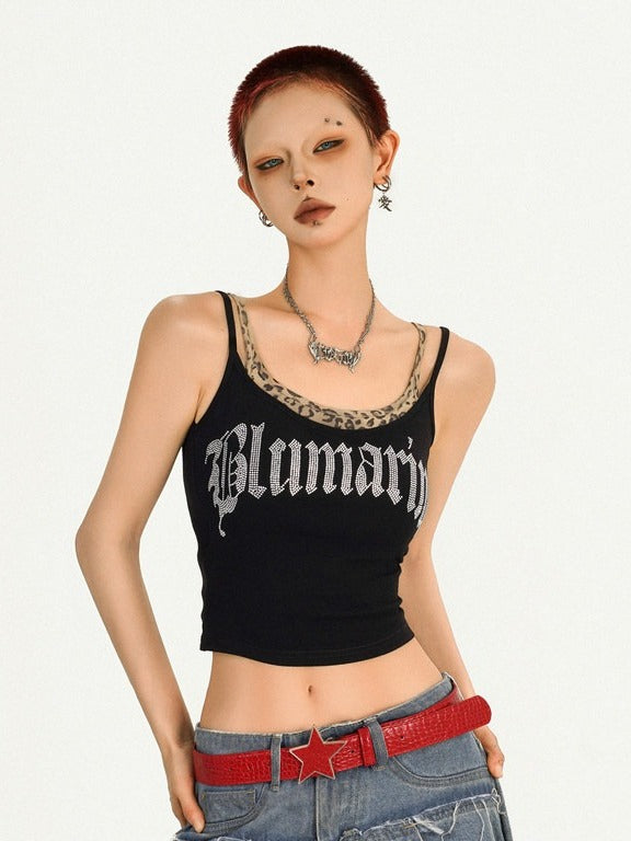 Black Fake Two-Piece Leopard Print Sleeveless Top with Letter Rhinestone Detail