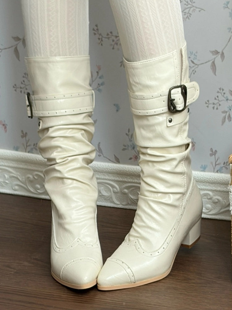 with Toe Details Design Top Buckle Boots PU Mid-heel Lolita in Elegant Beige Stacked Boot Pointed Foldable
