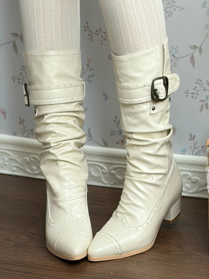 with Toe Details Design Top Buckle Boots PU Mid-heel Lolita in Elegant Beige Stacked Boot Pointed Foldable