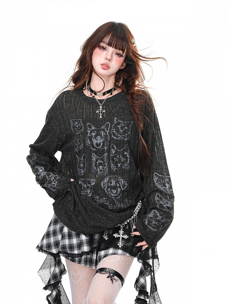 Neck Puppy Round Semi-sheer Top and Kitty Print Loose Black/Beige