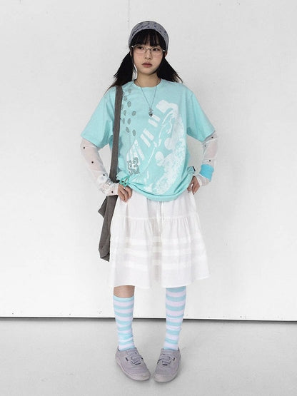 Mint Green Crew Neck Tee with Distressed Print - innomoood