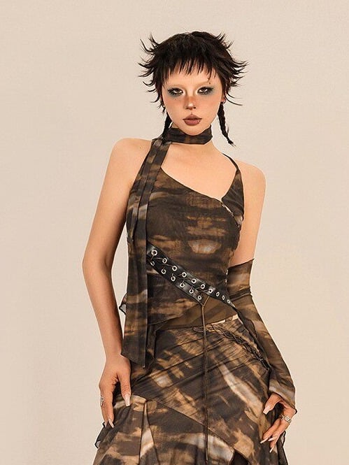 Coffee Vintage Asymmetrical Strap Sleeveless Top with One Arm Sleeve and Ribbon Set