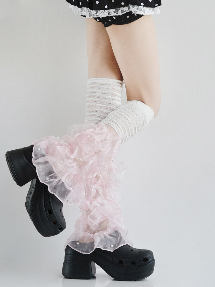 with White/Blue/Pink Ruffled Decorations Leg Warmers Multi-Layered Bead Lace