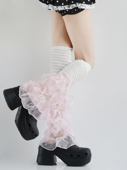 with White/Blue/Pink Ruffled Decorations Leg Warmers Multi-Layered Bead Lace