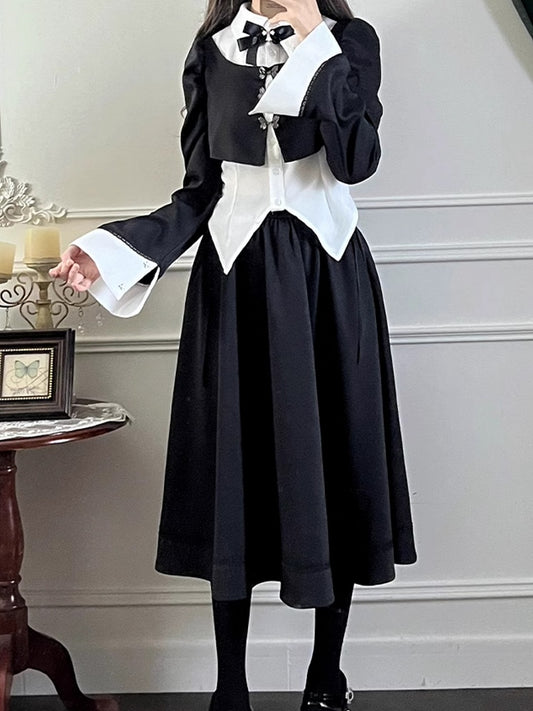 Black And White Gothic Butterfly Buckle Fake Two-piece Design Top＋ Black Tea Length Skirt Set