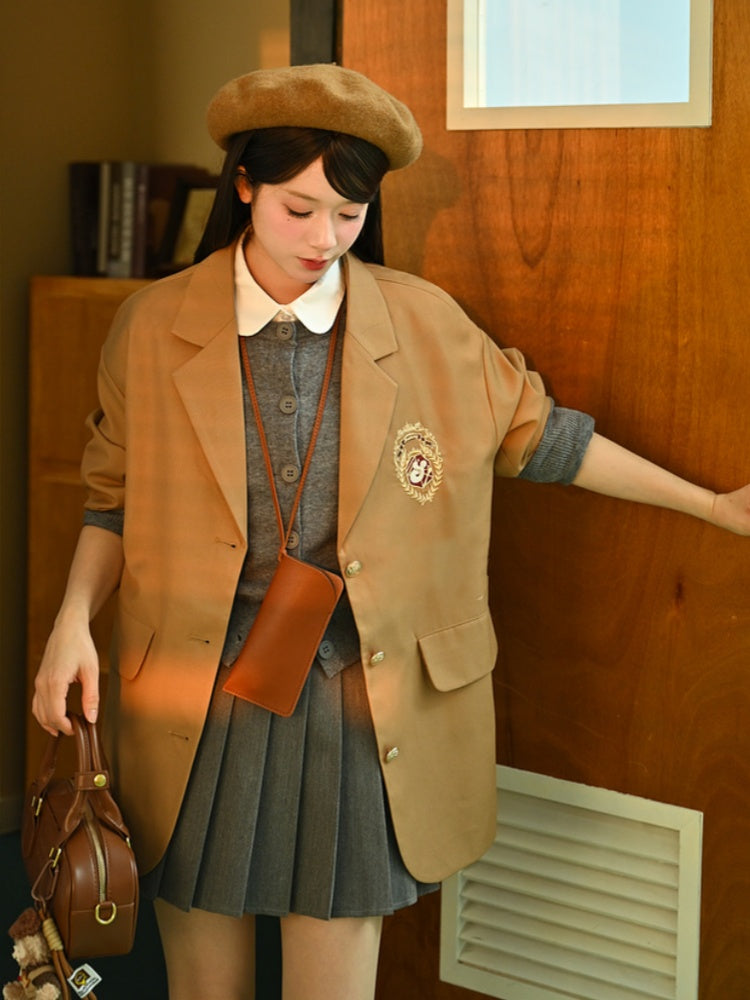 ミラードファッション ブラウンバッジ刺繍入りプレッピーブレザー