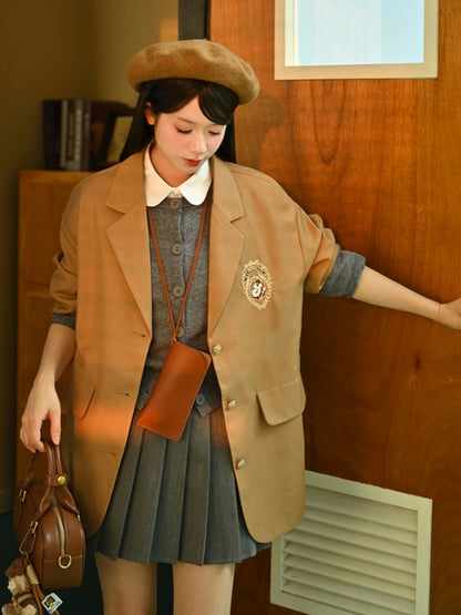 ミラードファッション ブラウンバッジ刺繍入りプレッピーブレザー