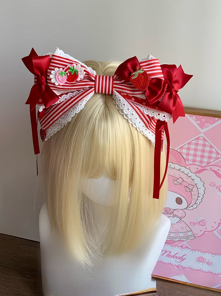 Theme Red Lolita KC Hairband Oversized Stand-Up Strawberry Striped Bowknot / Sweet