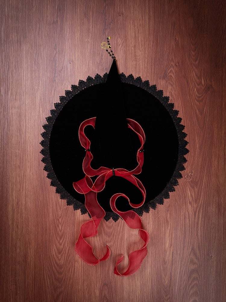 Red Ribbon Bow Christmas Fancy Witch Hat with Optional Shiny Veil and Stars Chain
